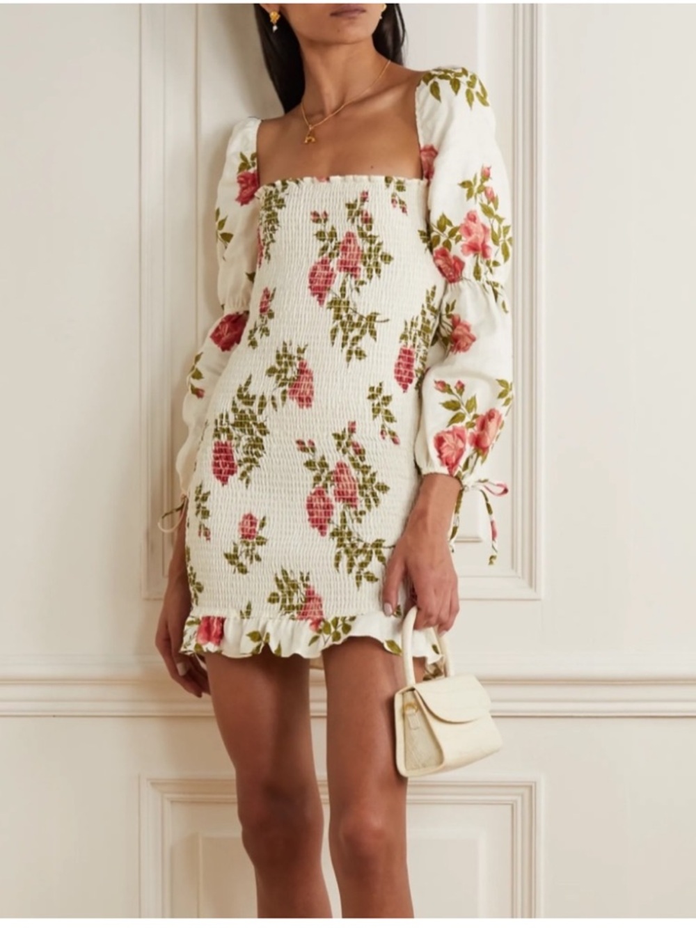 REFORMATION Hilary Jolie Smocked Linen Mini Dress Summer Floral Size Small NWT